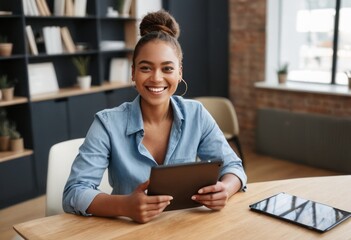 A happy female professional works on her tablet, radiating positivity in an office setting. Her casual denim shirt blends professionalism with comfort.