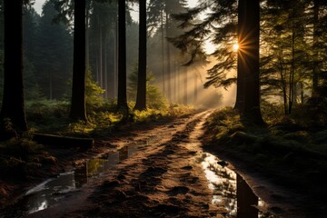 the sun is shining through the trees on a muddy path in the woods