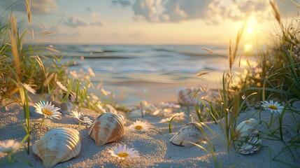 Peaceful sunset scene with seashells and daisies on a sandy beach, with ocean waves and sunlight in the background. - obrazy, fototapety, plakaty