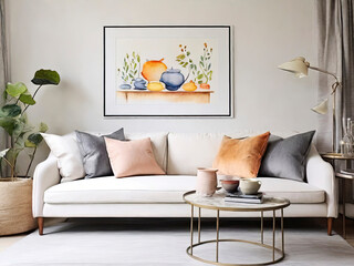 living room on wall watercolor flower and natural floral poster frame with comfortable sofa and pillow in front of tea table with white background