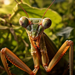 Micro Photography A compelling close-up of a praying mantis amidst a lush green foliage сreated with Generative Ai