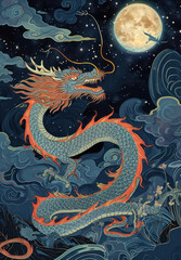 Enchanting Ancient Dragon: A Mythical Asian Creature of Power and Magic, Illustration in Traditional Chinese Style on a Red Background