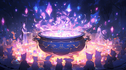 the spellbinding moment of a witch's potion brewing in a mystical cauldron, surrounded by magical ingredients and glowing crystals, Illustration, digital art Generative AI - obrazy, fototapety, plakaty