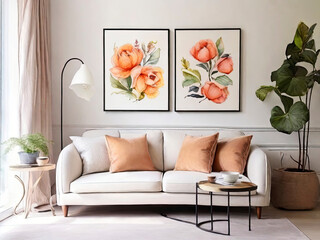 living room on wall watercolor flower and natural floral poster frame with comfortable sofa and pillow in front of tea table with white background