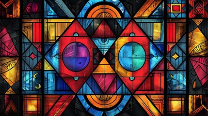 A bold and intricate tribal motif captured in the timeless technique of stained glass, showcasing a vivid color palette.