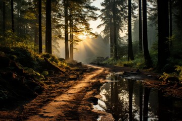 Sunlight filters through trees along a dirt road in the forest - Powered by Adobe