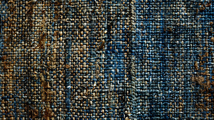 Detailed view of blue threads intertwined in a complex woven structure that plays with light and shadow