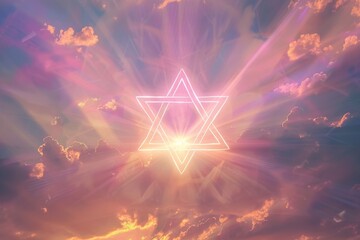 A photo of the Star Of David shining in an ethereal sky, with rays radiating from it Generative AI