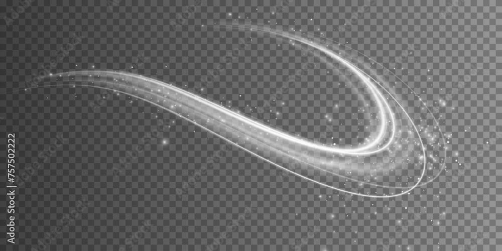 Poster wavy glowing white line of speed. magic light trail of glittering comet tail. luminous neon shape wa