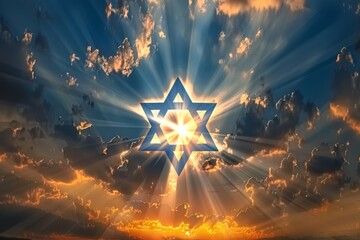 A beautiful sky with the Star of David shining in it, with rays radiating from behind and below A feeling that symbolizes hope for an impending dawn after a long night Generative AI - obrazy, fototapety, plakaty