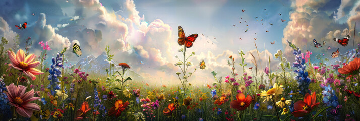 Butterflies fluttering over a vibrant meadow - A digital painting of butterflies over a field of wildflowers with a dreamy, expansive sky