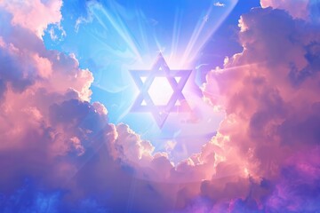 The Star of David is seen in the sky with rays coming out from it, creating an ethereal and mystical atmosphere. The background features colorful clouds that add to its beauty Generative AI - obrazy, fototapety, plakaty