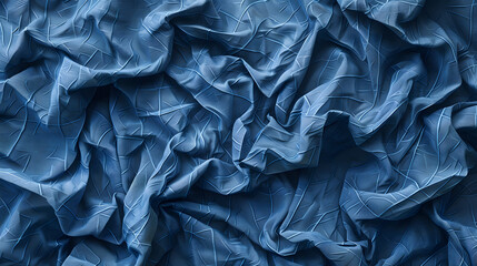 This image captures the complexity of a crumpled paper texture in a blue hue, emphasizing shadows and highlights