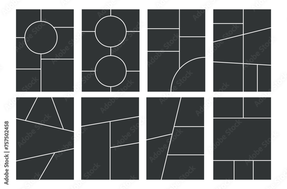 Poster Grid template for photo collage. Vector mood board. Page with frames. Simple layout mosiac with roundes. Gray at the white background.