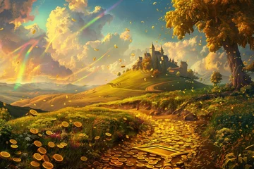 Wandcirkels tuinposter Fantasy Landscape with Castle and Rainbow - Beautiful fairy-tale landscape with a castle, rainbow, golden path, and floating coins © Mickey