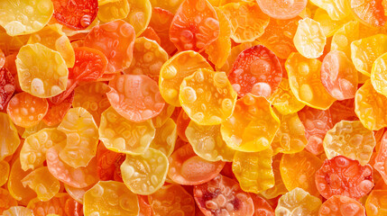 Close-up image of colorful gummy candies with fresh water droplets, highlighting their juicy and appetizing look