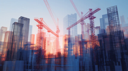 The silhouettes of construction cranes and emerging building outlines against the backdrop of a city at dusk, depicting urban growth and development - Powered by Adobe