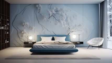 A minimalist bedroom with Arctic blue and white 3D wall elements, emphasizing simplicity and modernity.
