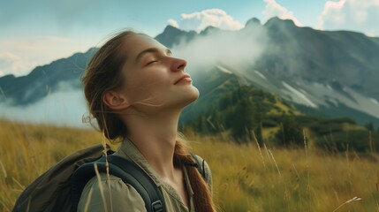 A serene woman inhaling the pure, fresh mountain air, stands amidst a tranquil natural setting, symbolizing a moment of mindfulness and self-care during a restorative hiking or meditation session - obrazy, fototapety, plakaty
