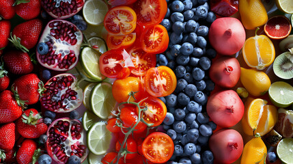 
A vibrant collage of fruits and vegetables, showcasing strawberries, pomegranates, blueberries,...