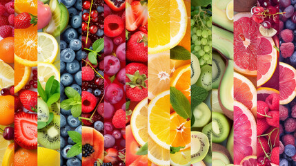 
A vivid fruit mosaic featuring strawberries, oranges, blueberries, kiwis, grapes, raspberries, and...