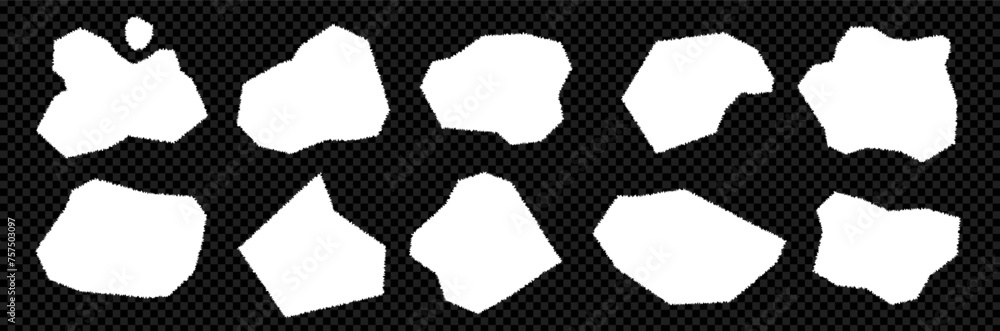 Aufkleber kit of edge and torn paper. jagged abstrac and rectangle shapes, rough pieces on transparent backgro