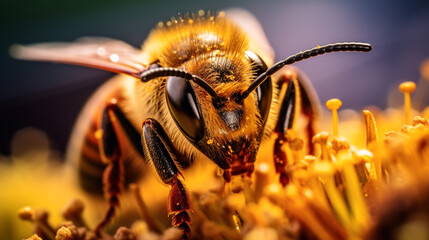 Naklejka premium Micro Photography A compelling close-up of a bee, under the soft glow of the golden hour сreated with Generative Ai