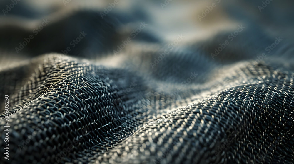 Poster A high-resolution close-up of dark blue denim fabric, showing the detailed texture with a wavy, undulating pattern