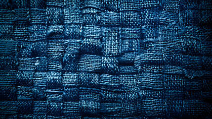 An image focused on the texture of a dark blue woven fabric, demonstrating the detailed pattern and depth of the material