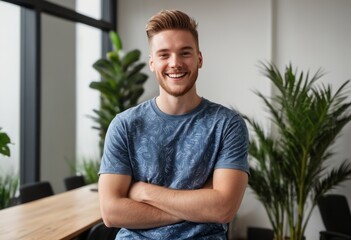 Fototapeta premium A happy man stands with his arms crossed in a modern office. His casual blue shirt and beaming smile project confidence and approachability.