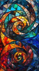 A striking spiral pattern within a stained glass design, featuring a spectrum of vibrant colors and dynamic shapes.