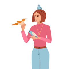 Young Woman Feeding and Holding Birds Vector Illustration. Pet owner