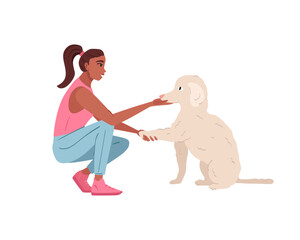 Woman playing with dog. Happy pet owner teaches the paw command. Person caring about companion doggy, pup, canine animal. Flat vector illustration isolated on white background