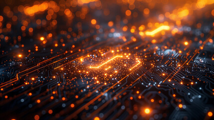 Close-up of an illuminated circuit board with glowing pathways