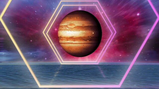 Animation of colourful shapes over planet and water on sky with stars