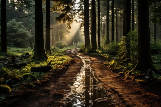 Sunlight filters through trees onto muddy path in deciduous forest