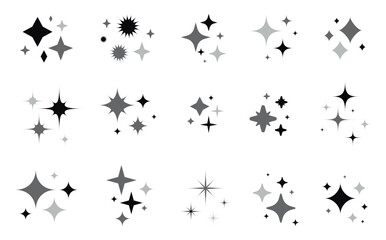 Sparkle star icons set. Stars and magic lights sparkles black silhouette set. Magic shine effect, starburst collection