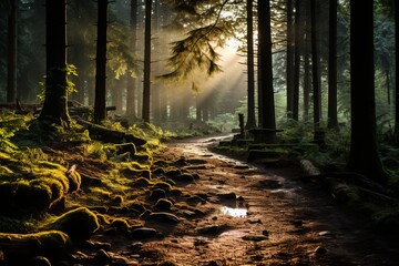 Sunlight filters through trees on forest path, illuminating natural landscape - obrazy, fototapety, plakaty