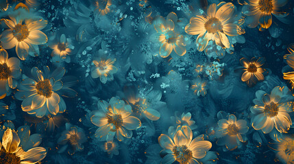 A captivating sea of blue flowers accented with shimmering gold details creates a stunning floral pattern