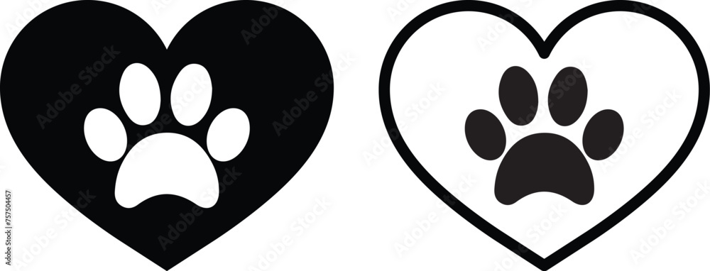 Poster pet paw print and heart icon set in two styles isolated on white background . paw print dog vector a