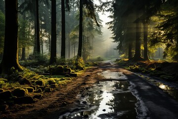 Sunlight filters through trees onto muddy woodland path - obrazy, fototapety, plakaty