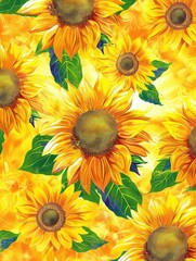 Pattern of bright yellow sunflowers on yellow backdrop - An energetic pattern of sunflowers bursting with color and vitality, arranged on a sunny yellow background
