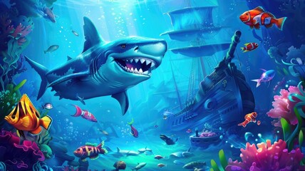 Shark attack near sunken ship illustration - Dramatic digital painting with a shark attack scene by a sunken pirate ship surrounded by fishes - obrazy, fototapety, plakaty