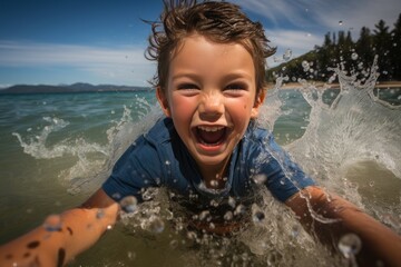 Happy young child having fun swimming in the refreshing pool during a sunny summer day