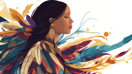 A beautiful Native American woman with long black hair and wearing colorful feathers in her hair is depicted against an isolated white background