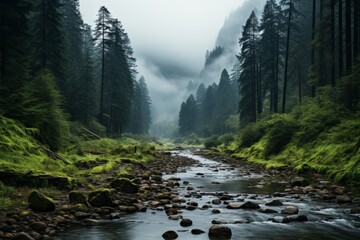 River flowing through a dense forest with tall trees