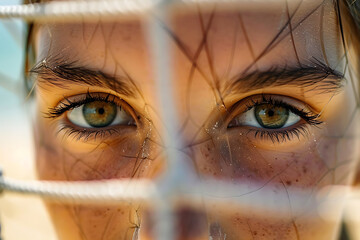 Womans Face Close Up Seen Through Fence