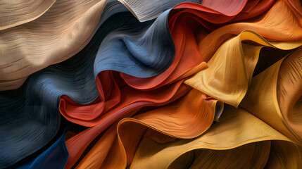 A dynamic display of colored textiles with layered folds in bold red, deep blue, and bright yellow, conveying movement and depth