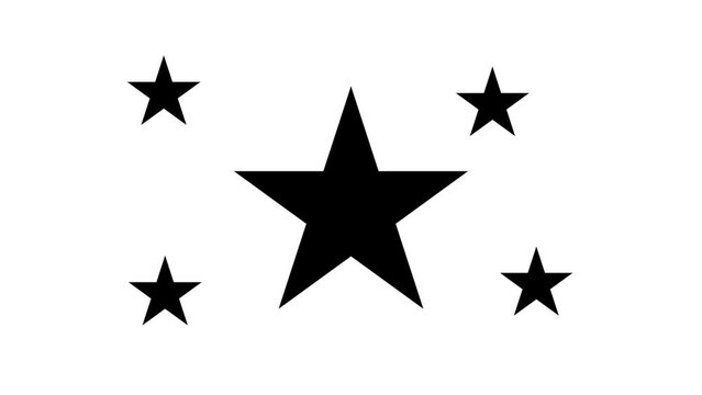 Zoom in and out animation the star symbol. Large black symbol in the center and four small symbols around. Seamless looped 4k animation on white background