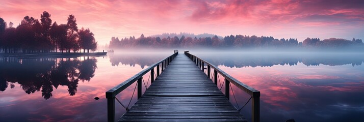A straight flat simplistic rectangular lake dock, beautiful sunrise, foggy, calm water. Lake with a colourful sky. Nature relax wallpaper, Generative AI - Powered by Adobe